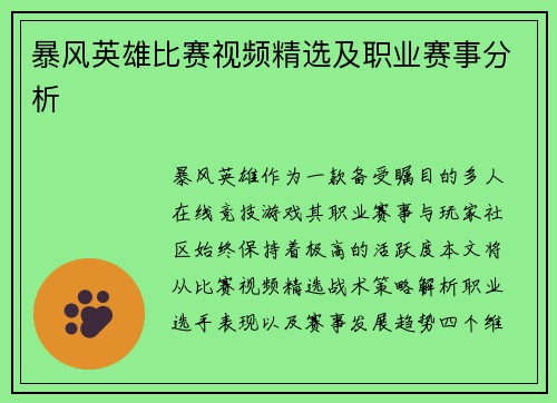 暴风英雄比赛视频精选及职业赛事分析